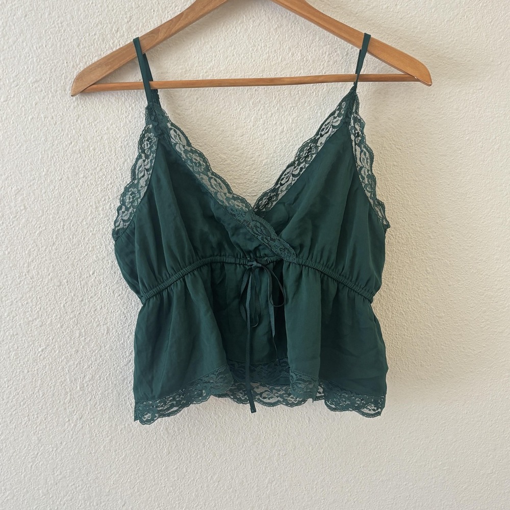 American Eagle Lace Cami Tank Top M Green Peplum Bow‎ Coquette Festival Y2K